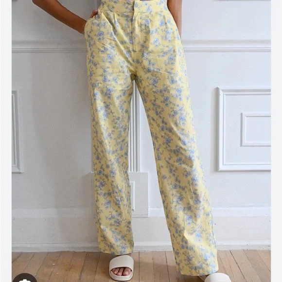 Yellow Floral High-Waisted Pants - Picture 1 of 2